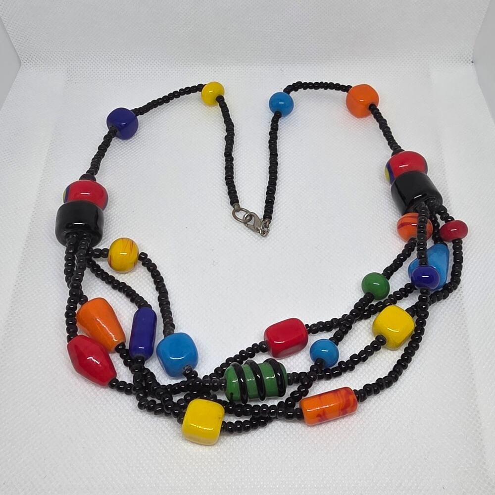 Vibrant Multi-Strand Statement Handcrafted Colorful Glass Beaded Ethnic Necklace - Picture 2 of 5